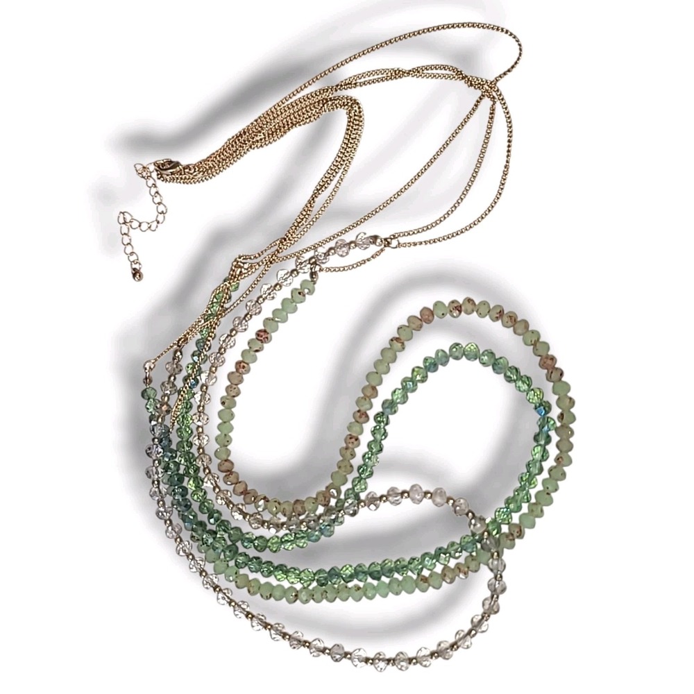 Vintage 3 Strand Crystal Bead Necklace Green & Gold‎ Tones 30"-33" Layered Boho